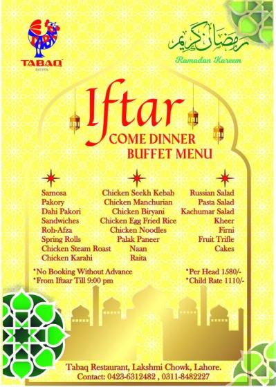 TABAQ Restaurant Iftar Cum Dinner Buffet Menu Rs 1580 Head What s 
